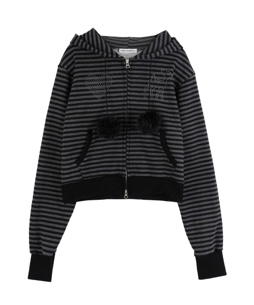 Pom-Pom Striped Hoodie Zip Up_Black