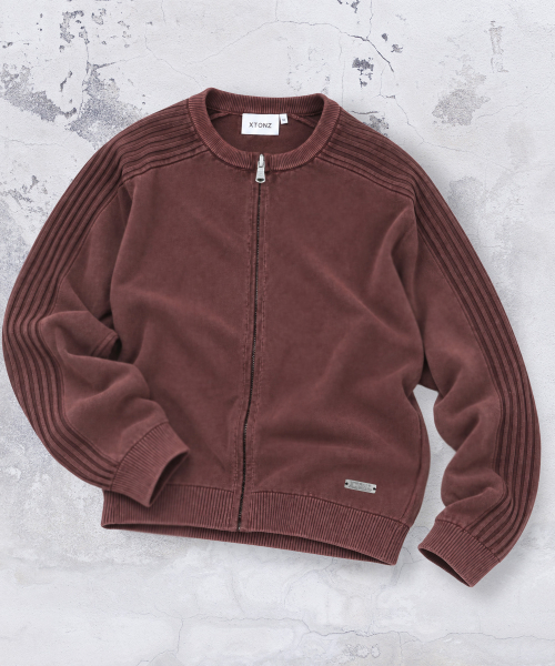 XTK184 슬림핏 빈티지 워싱 니트 집업 (BURGUNDY)