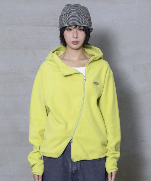 XJ148 커브드 지퍼 라이트 플리스 후드 집업 (LIME)