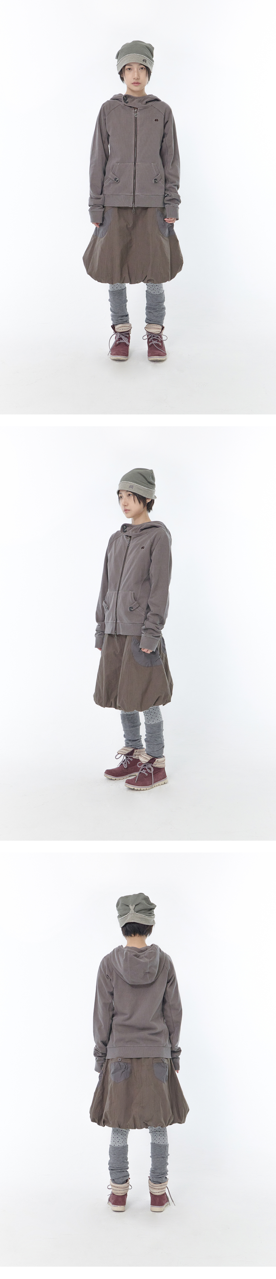 WASHED HIGH NECK HOOD ZIP-UP - 2 COLORS BROWN