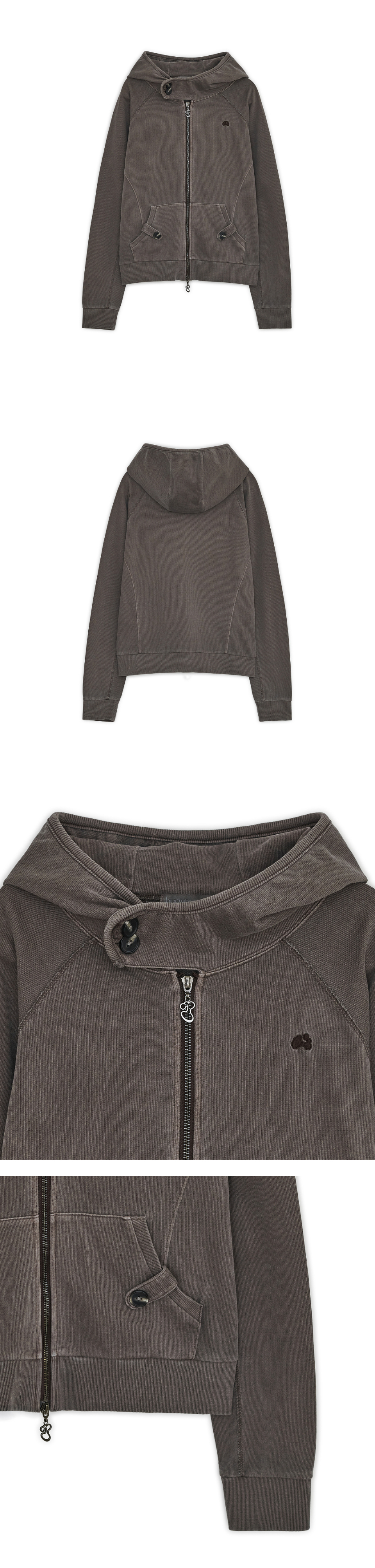 WASHED HIGH NECK HOOD ZIP-UP - 2 COLORS BROWN