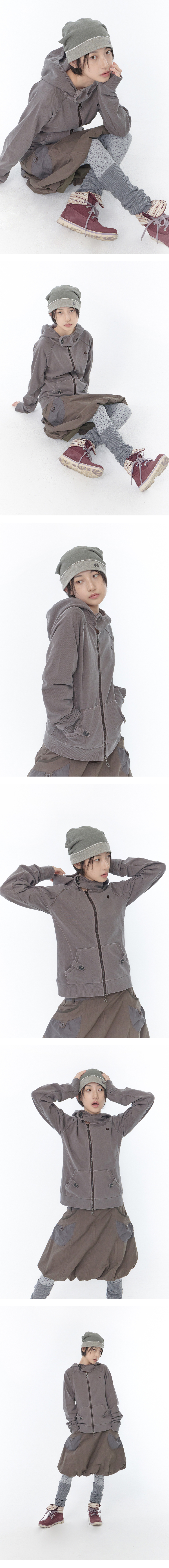 WASHED HIGH NECK HOOD ZIP-UP - 2 COLORS BROWN