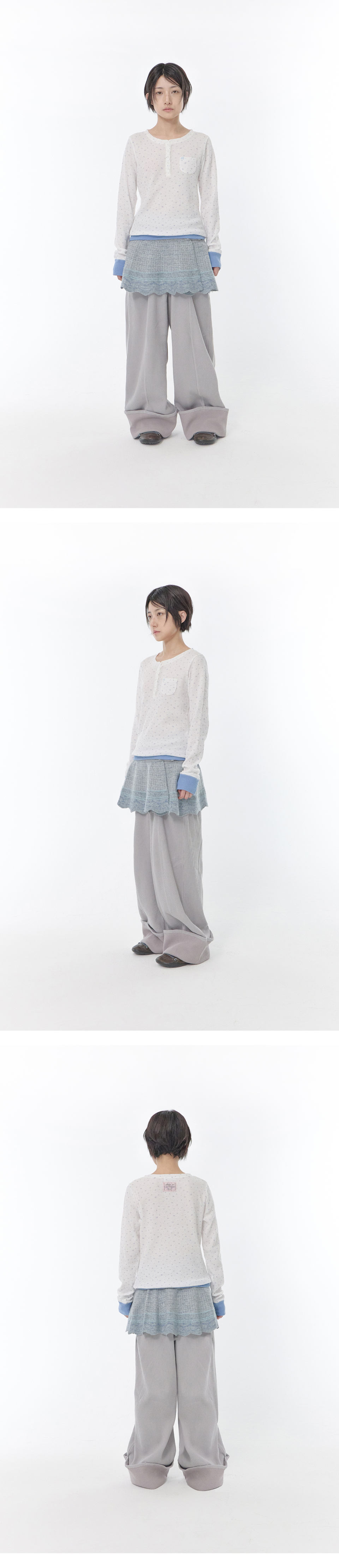 FLOWER HENLEY NECK LONG SLEEVE TEE - 2 COLORS WHITE