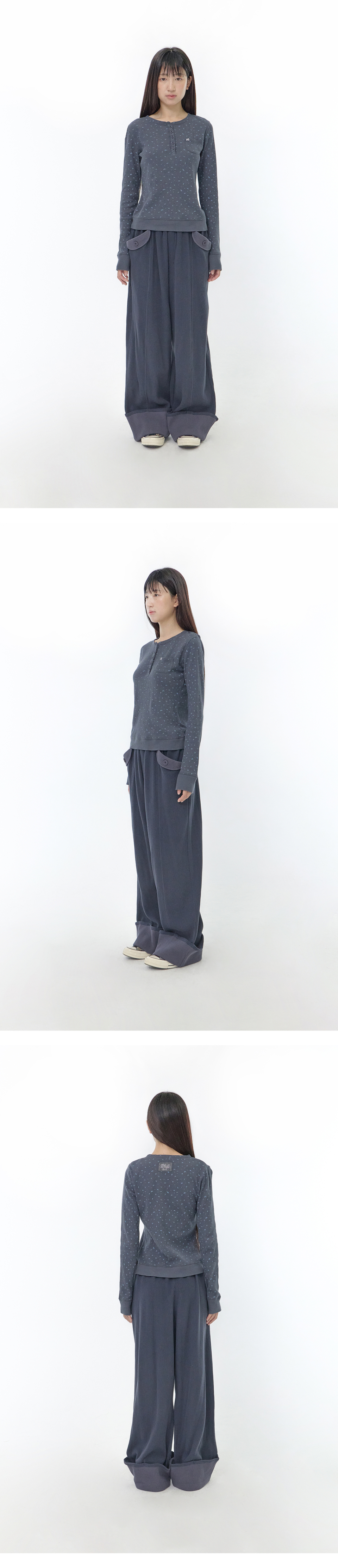 FLOWER HENLEY NECK LONG SLEEVE TEE - 2 COLORS NAVY