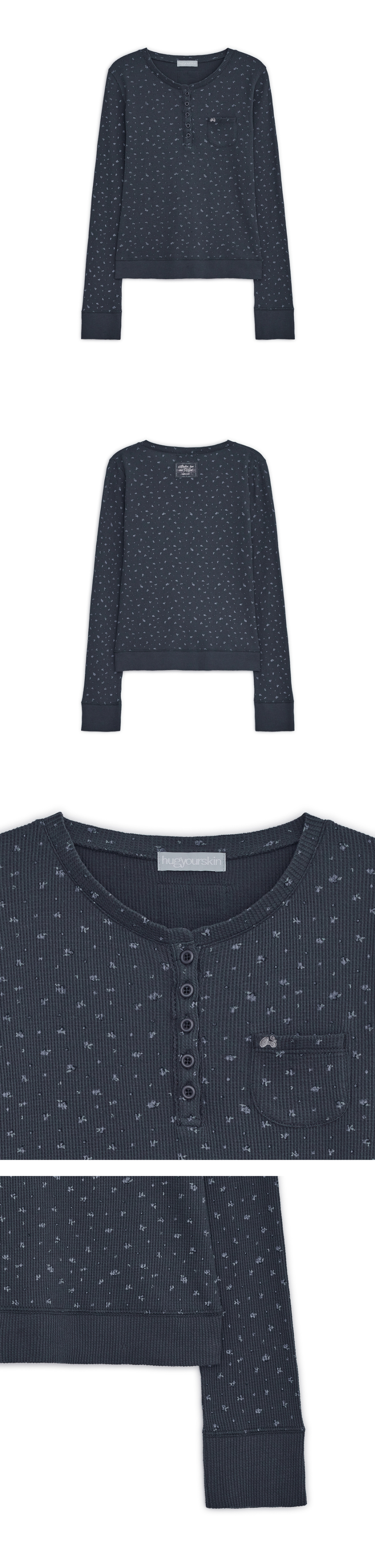 FLOWER HENLEY NECK LONG SLEEVE TEE - 2 COLORS NAVY