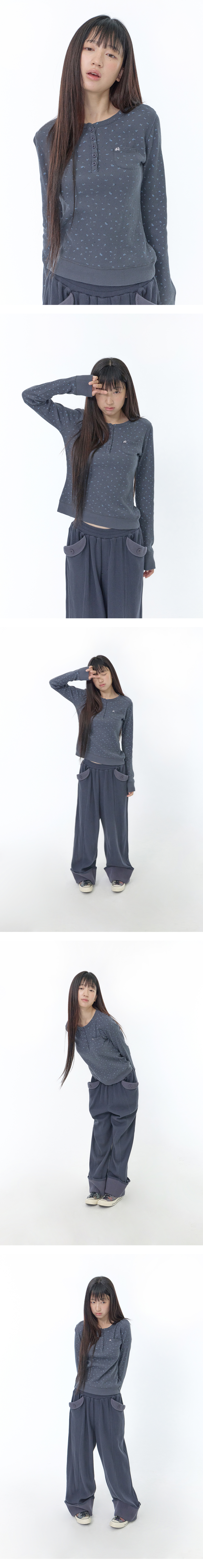 FLOWER HENLEY NECK LONG SLEEVE TEE - 2 COLORS NAVY