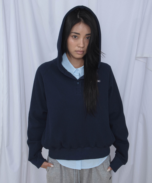 Waffle Henley-Neck Hooded T Shirt, Navy thumbnail 2