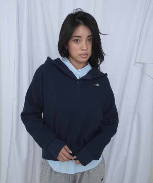 Waffle Henley-Neck Hooded T Shirt, Navy thumbnail 5