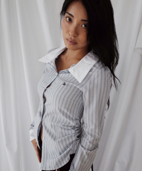 Side Shirring Color Block Stripe Slim Fit Shirts Clay thumbnail 2