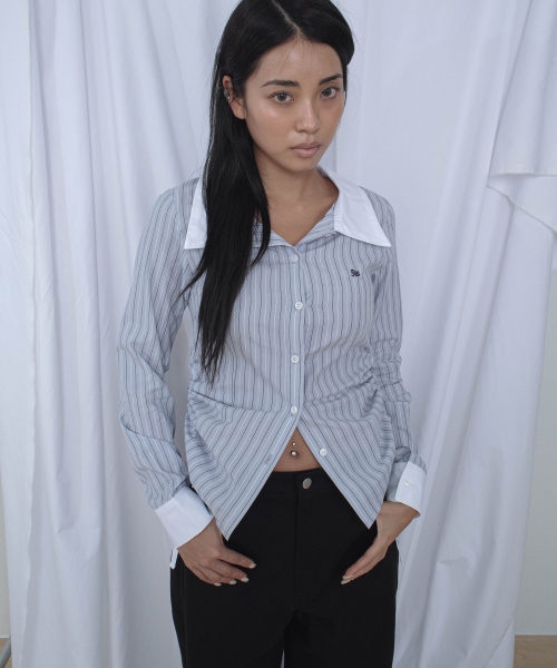 Side Shirring Color Block Stripe Slim Fit Shirts Clay thumbnail 4