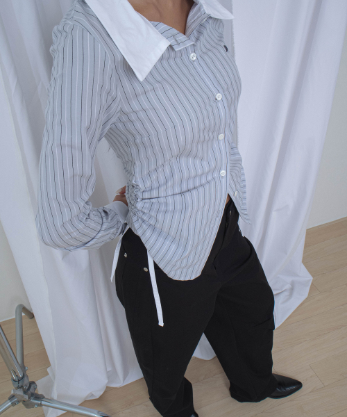 Side Shirring Color Block Stripe Slim Fit Shirts Clay thumbnail 5