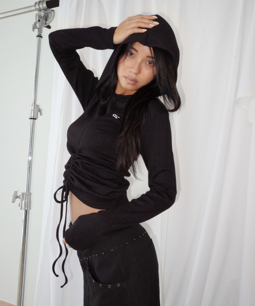 Ribbed Shirred Hooded Long Sleeve T Shirt VLACK thumbnail 5