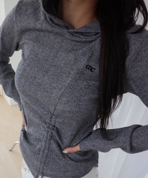 Ribbed Shirred Hooded Long Sleeve T Shirt Melange thumbnail 2