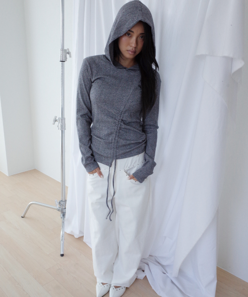 Ribbed Shirred Hooded Long Sleeve T Shirt Melange thumbnail 5