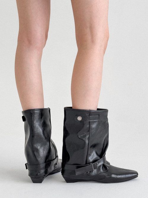 Mandarin Belted Mid Calf Boots Black FL1426 thumbnail 2