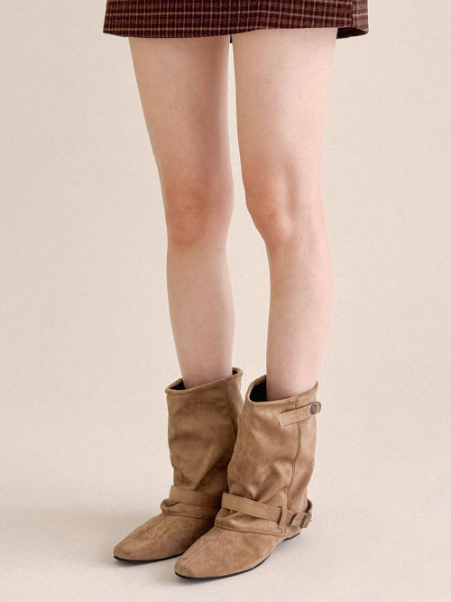 Mandarin Suede Belted Mid Calf Boots Velvet Beige FL1426 thumbnail 2