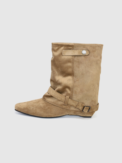 Mandarin Suede Belted Mid Calf Boots Velvet Beige FL1426 thumbnail 3