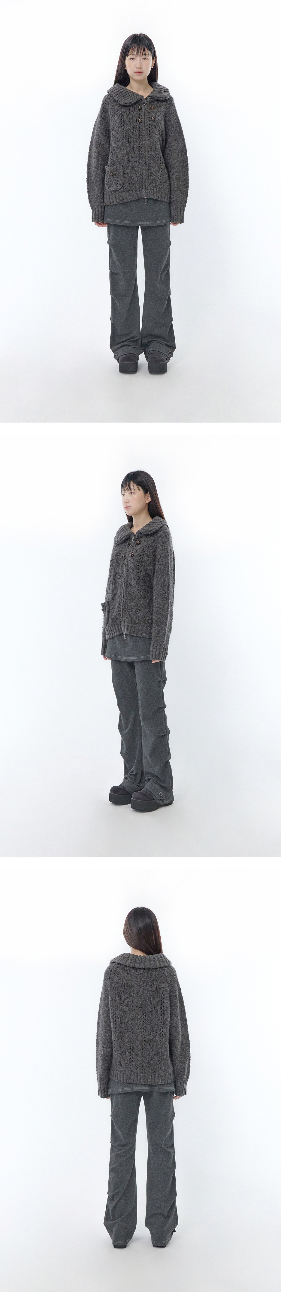 OBLIQUE COLLAR KNIT ZIP-UP - 2 COLORS CHARCOAL