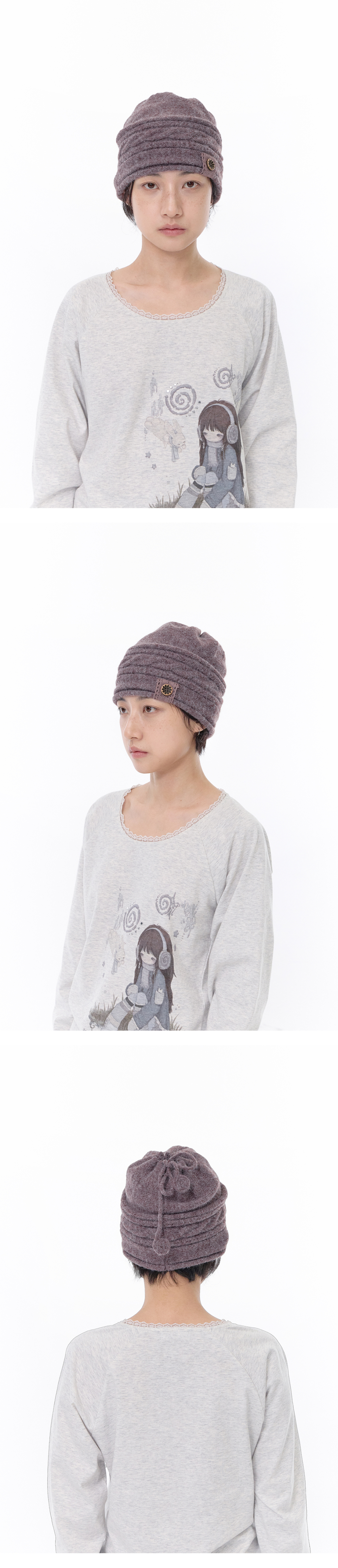 BUTTON CABLE KNIT STRING BEANIE - 3 COLORS PURPLE