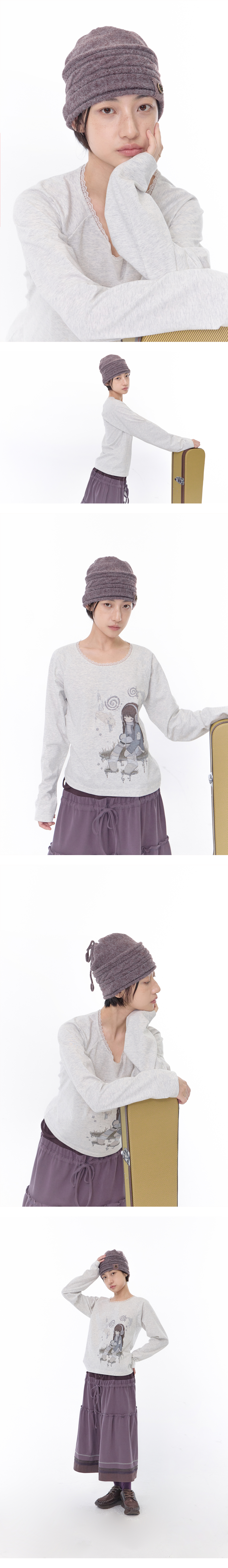 BUTTON CABLE KNIT STRING BEANIE - 3 COLORS PURPLE