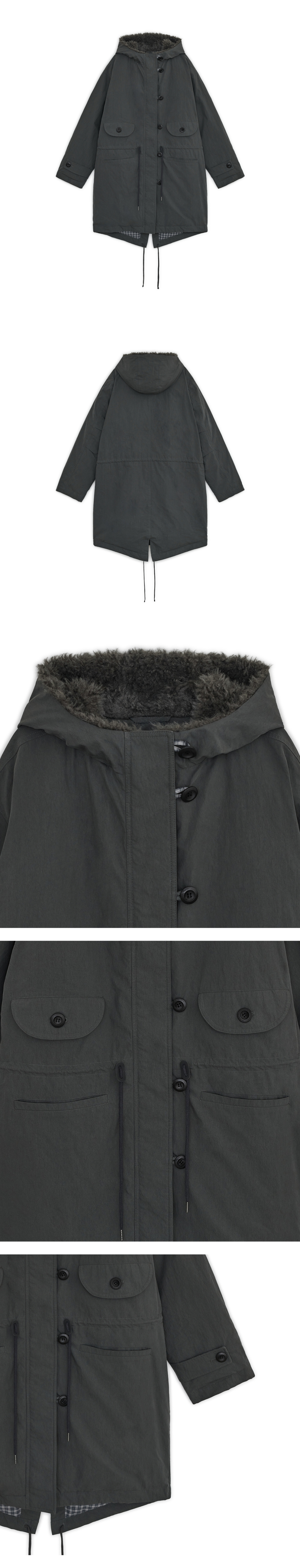 PADDED FISHTAIL DUFFLE PARKA - 3 COLORS CHARCOAL