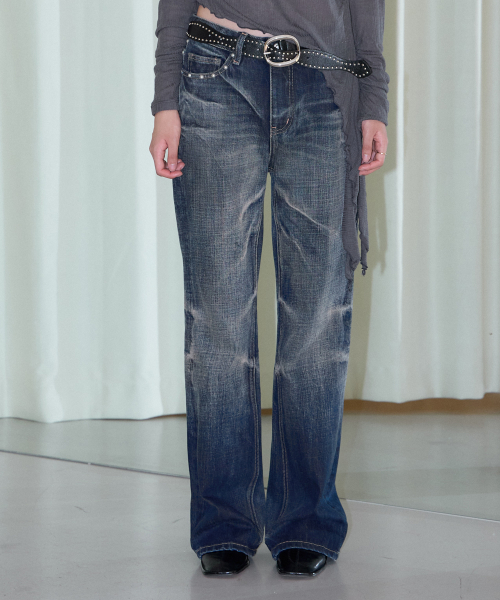 Vintage Brush Wash Low-Rise Wide Denim Pants Blue thumbnail 2