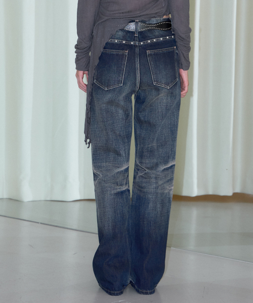Vintage Brush Wash Low-Rise Wide Denim Pants Blue thumbnail 4