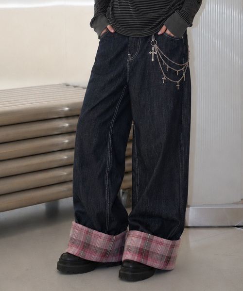 Checked Cuff Wide Denim Pants, Indigo thumbnail 2