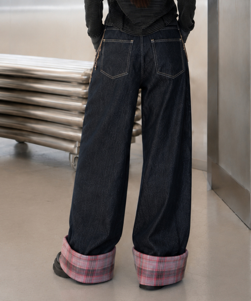 Checked Cuff Wide Denim Pants, Indigo thumbnail 3