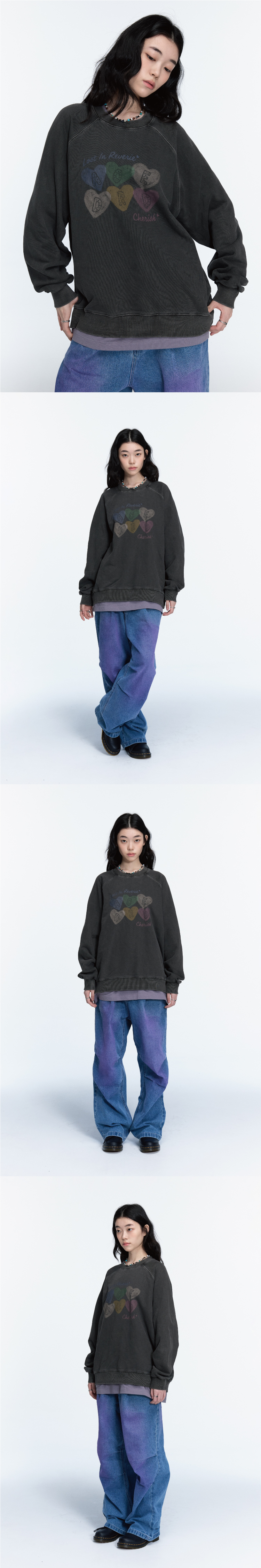 CHERRY HEART RAGLAN PIGMENT SWEATSHIRT - 2 COLORS SMOKE BLACK
