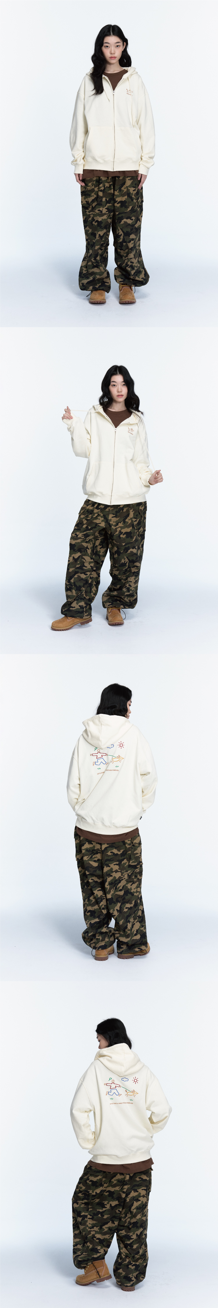 LINE WORK EMBROIDERY HOODIE ZIP-UP - 3 COLORS CREAM