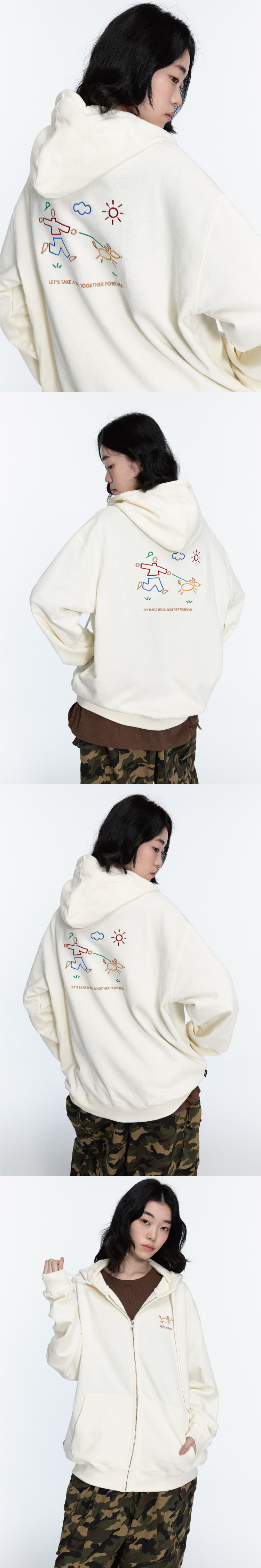 LINE WORK EMBROIDERY HOODIE ZIP-UP - 3 COLORS CREAM