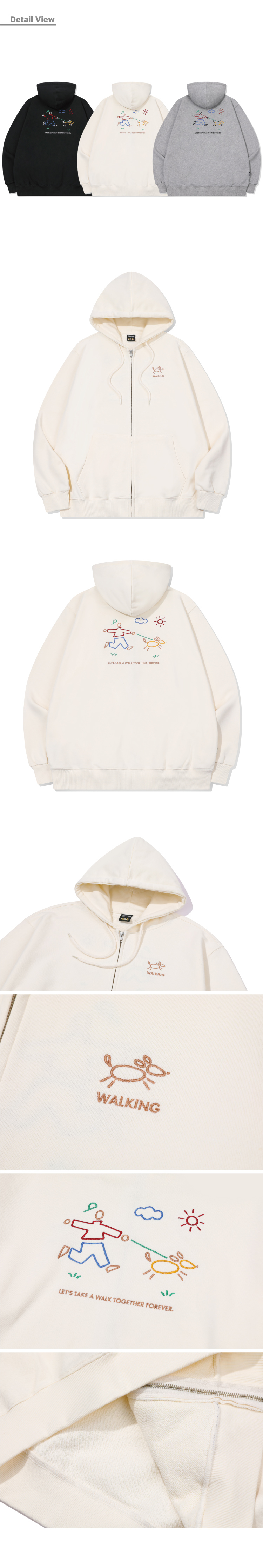 LINE WORK EMBROIDERY HOODIE ZIP-UP - 3 COLORS CREAM