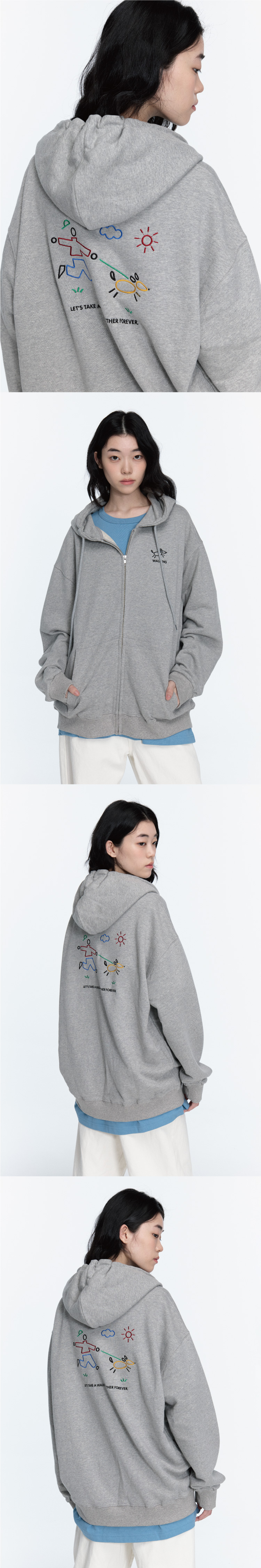 LINE WORK EMBROIDERY HOODIE ZIP-UP - 3 COLORS GREY