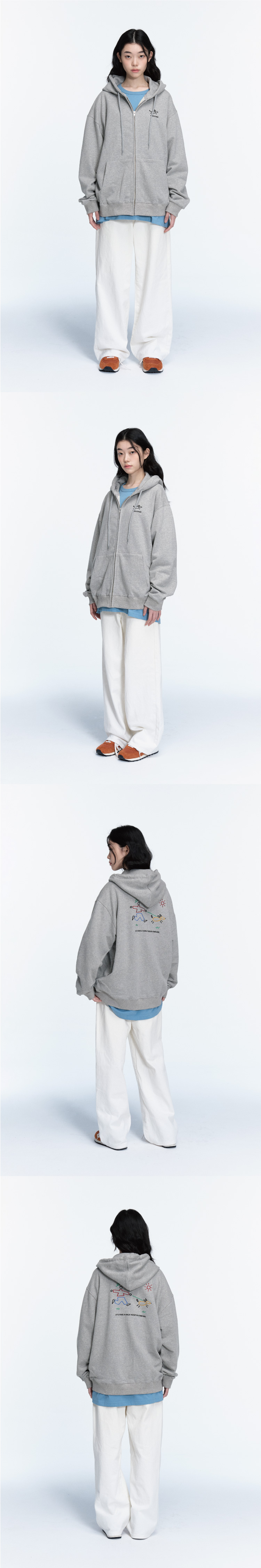 LINE WORK EMBROIDERY HOODIE ZIP-UP - 3 COLORS GREY