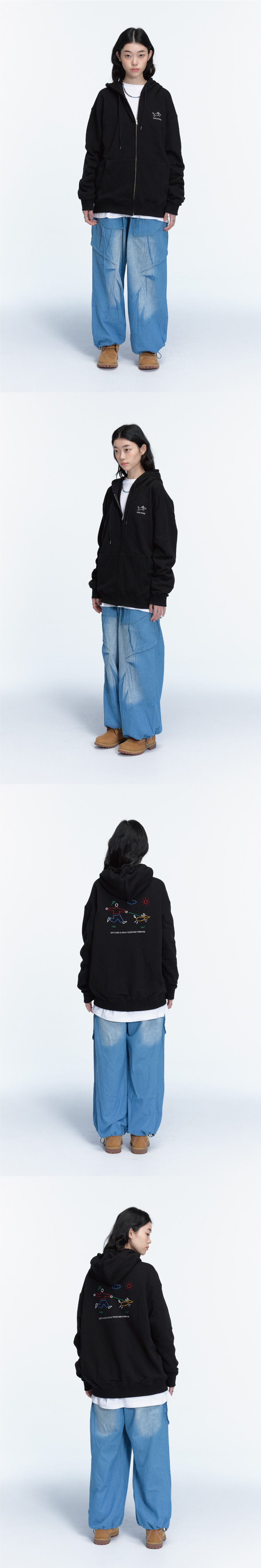 LINE WORK EMBROIDERY HOODIE ZIP-UP - 3 COLORS BLACK
