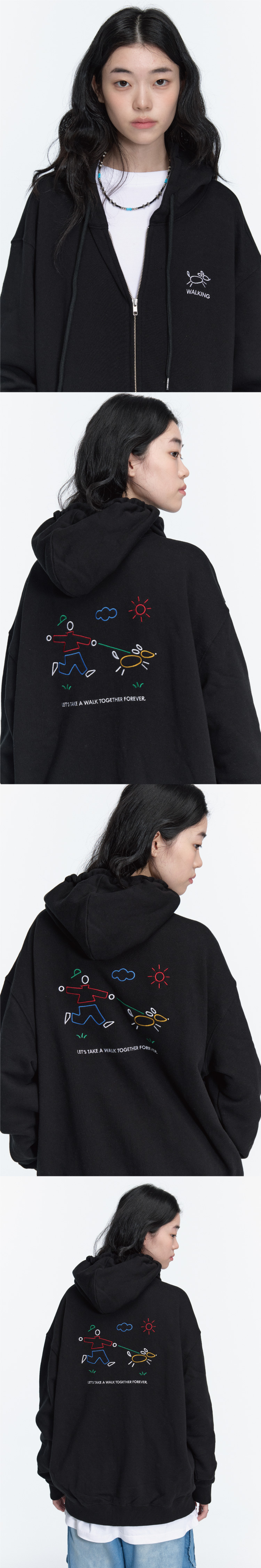 LINE WORK EMBROIDERY HOODIE ZIP-UP - 3 COLORS BLACK