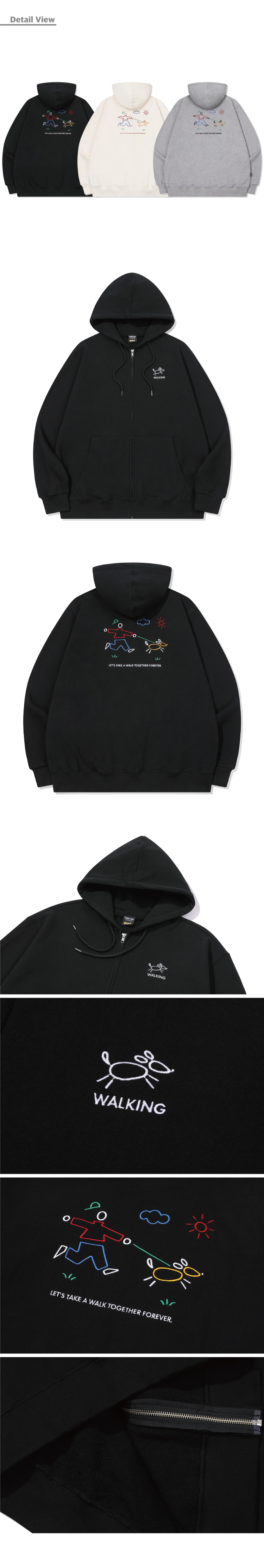 LINE WORK EMBROIDERY HOODIE ZIP-UP - 3 COLORS BLACK
