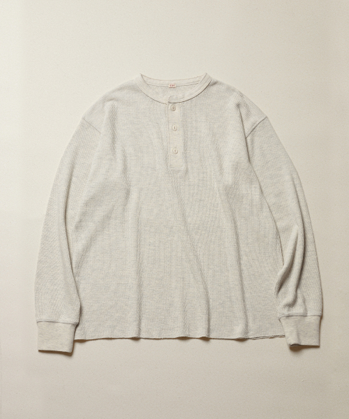 WAFFLE HENLEY NECK LS T SHIRT (MELANGE OATMEAL) — Main product photo