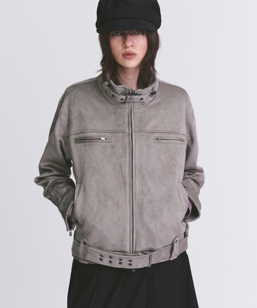 Eyelet Belt Detail Oversized High-Neck Suede Two-Way Zip-Up Jacket _2COLOR
