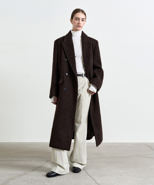 헤어리 더블 롱 코트 브라운 COWCT005BROWN