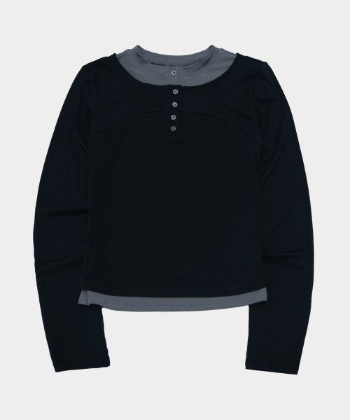 Color-Block Layered Long-Sleeve Henley T-Shirt with Fingerhole Detail [Black]