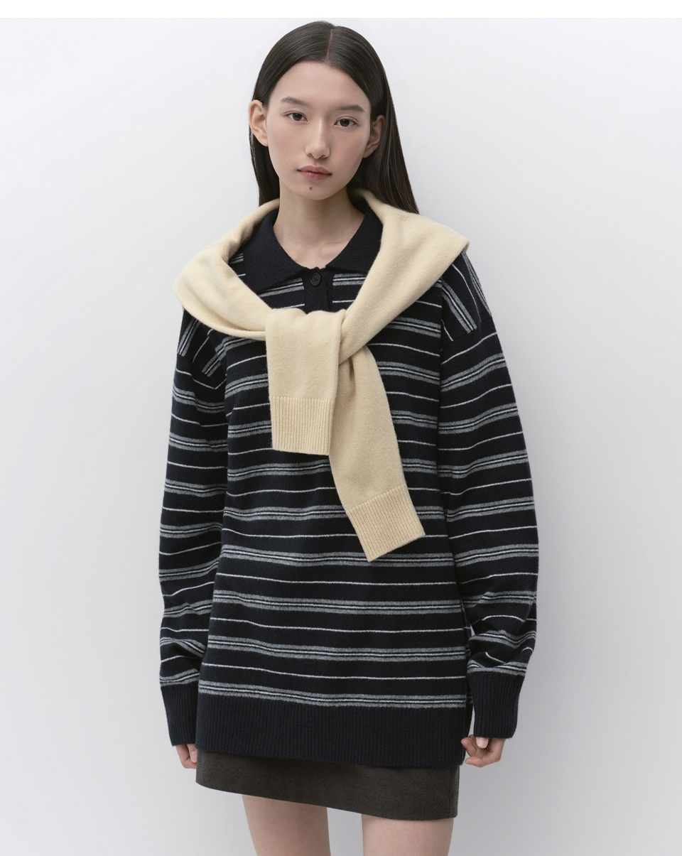 WOMENS MULTI STRIPE COLLARED TUNIC KNIT #韓韶禧同款! - 3 COLORS NAVY