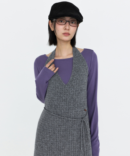 Halter-neck Layered Knit One Piece Gray MDOP060GRAY