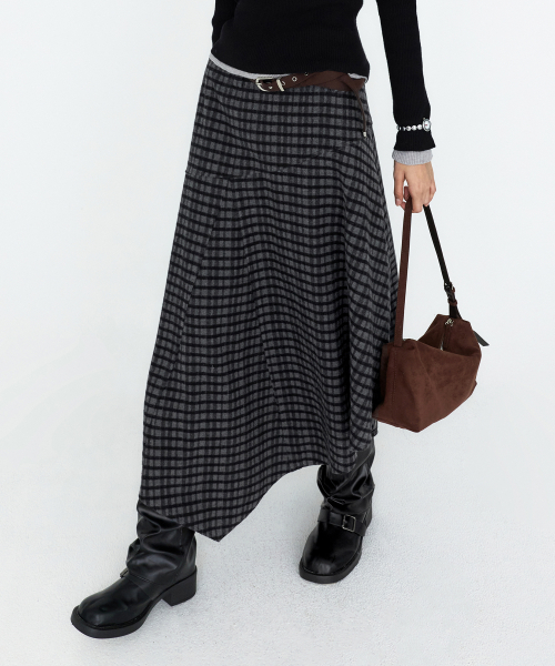 Wool Checked Asymmetric Long Skirts Gray MDSK038GRAY