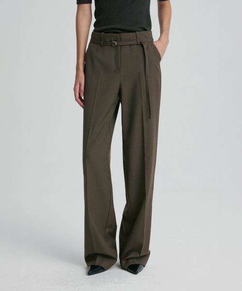WOOL BLEND BELTED TROUSERS KHAKI BROWN
