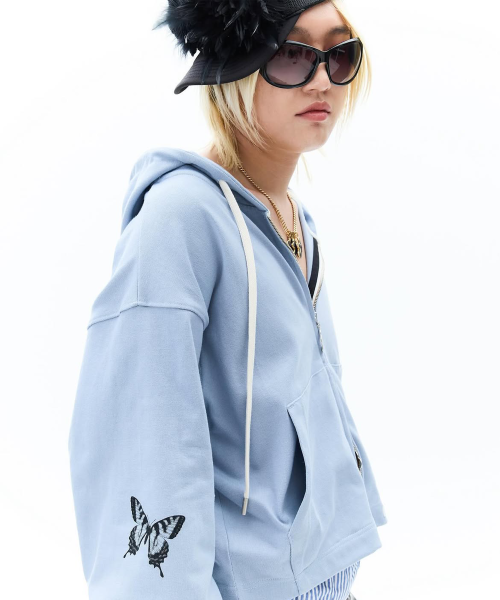 Butterfly Cropped Shirt Hoodie Zip-up (Light blue)