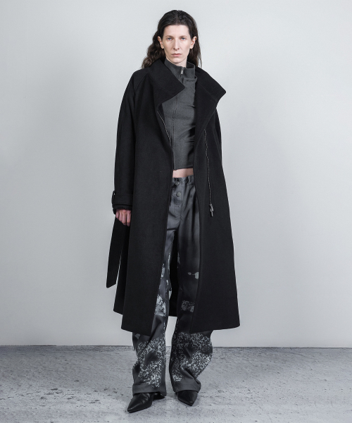 ASYMMETRIC ZIP WOOL LONG COAT BLACK