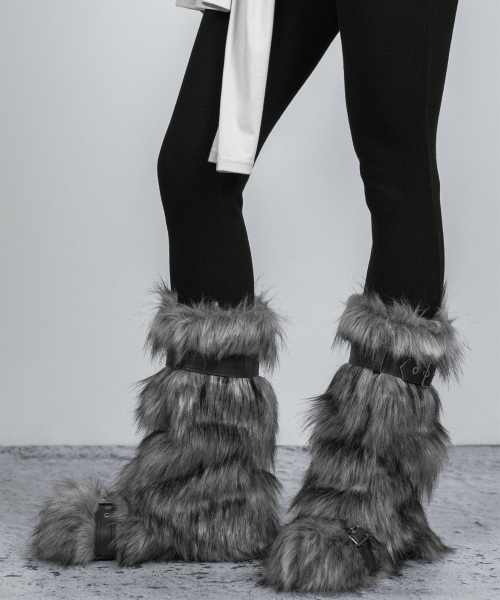 나체 DETACHABLE BELT FAUX FUR BOOTS GRAY