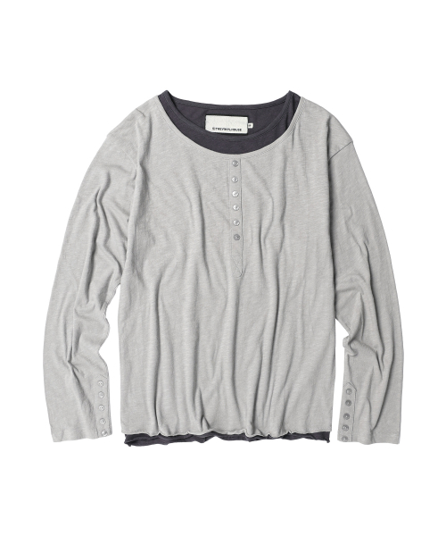 BUTTON LAYERED LS TEE GREY